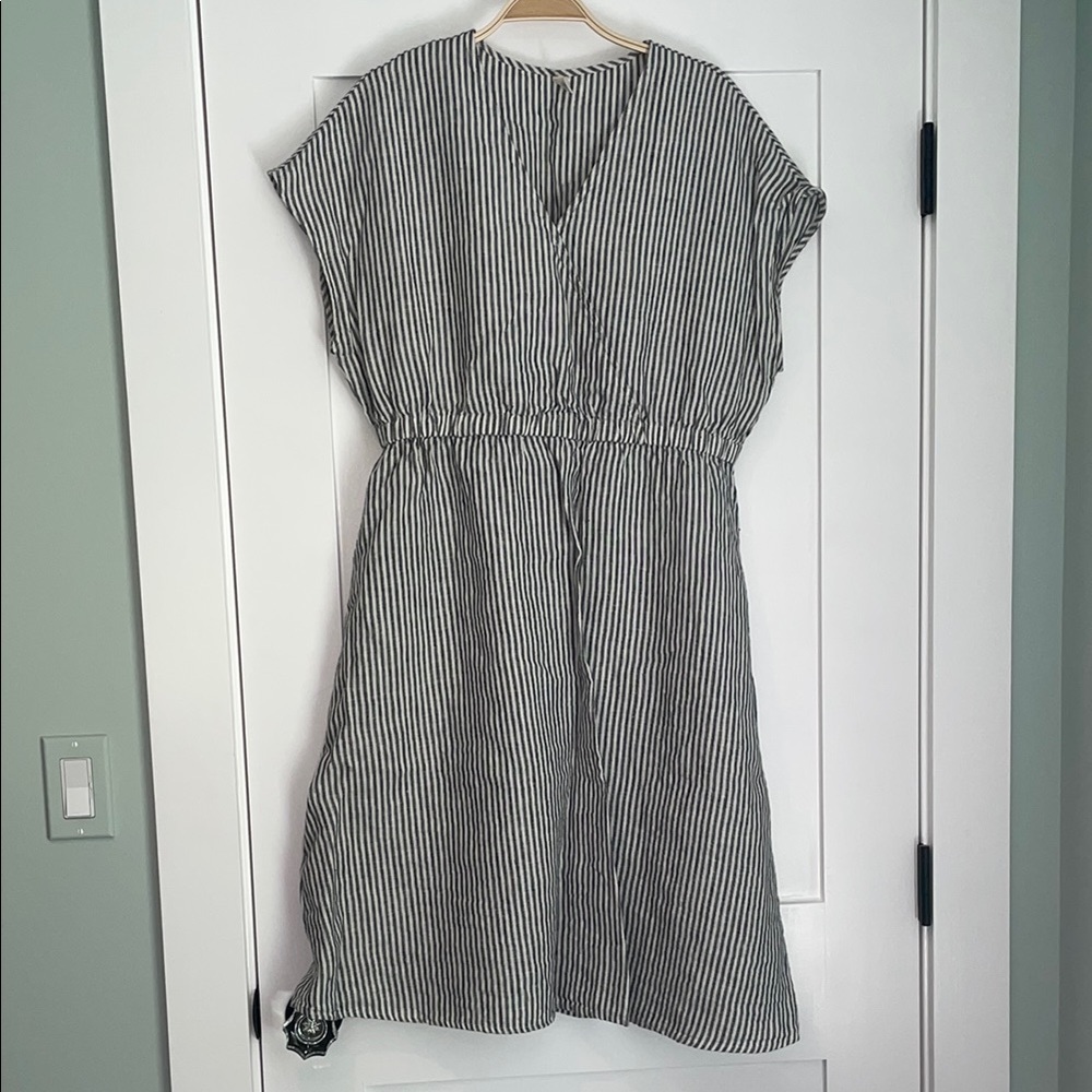 GUC Grace Cove Linen Surplice Black and White Striped Dress with Pockets